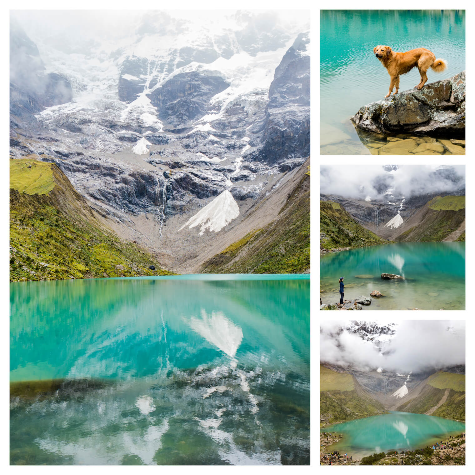 4 fotos: em destaque a esquerda: a foto de um lago verde e azul turquesa com bastante reflexo e montanhas nevadas atras. Superior direita: um cachorro aproveitando o lago. Meio direita: uma garota em pé perto do lago observando ele. Inferior direita: vista do lago atraves de um drone.