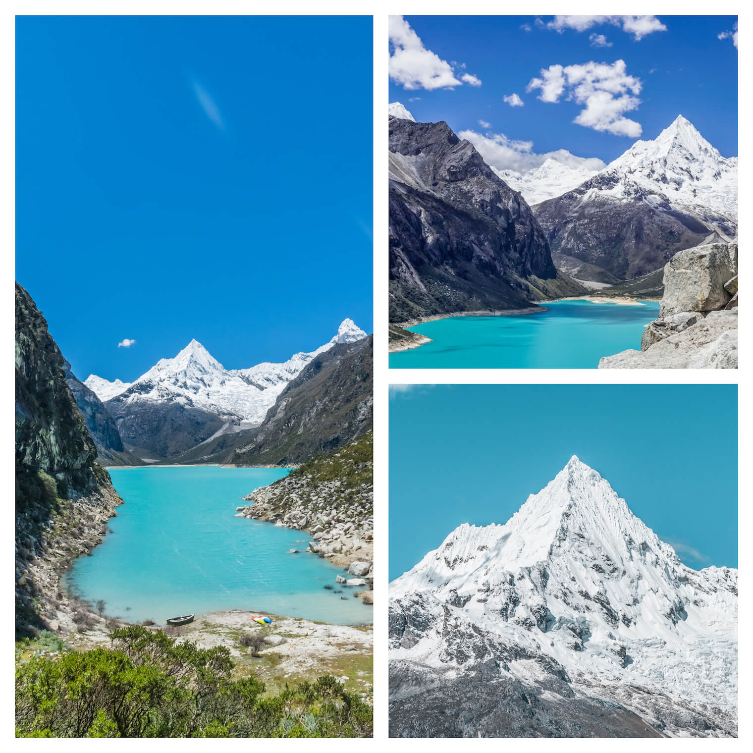 3 fotos: Em destaque na esquerda: foto de um lago bastante azul com uma montanha nevada ao fundo. Superior direita: outra visão do lago e montanha um pouco mais de cima. Inferior direita: um destaque no pico nevado.