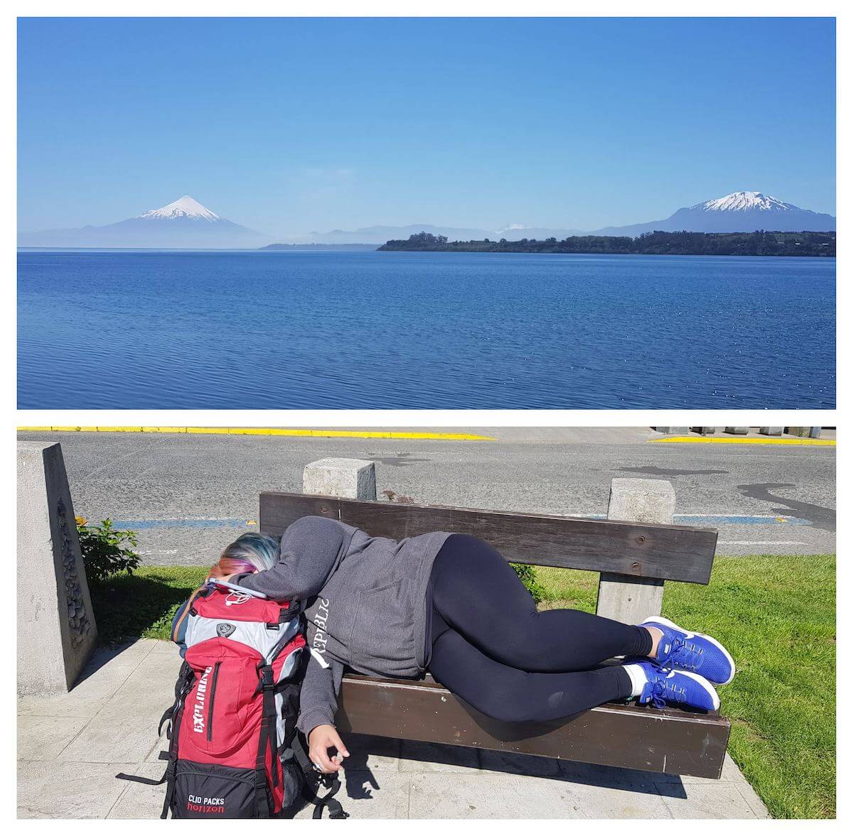 Duas fotos: Superior: dois vulcões e um lago azul. Inferior: minha amiga julia dormindo num banco de praça.