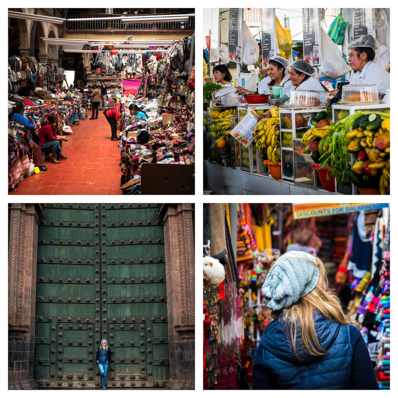 4 Fotos de Cusco - Uma feira de artesanato, mulheres de branco vendendo frutas, um portão verde bem grande com uma garota na frente, uma garota de costas perto de várias coisas coloridas