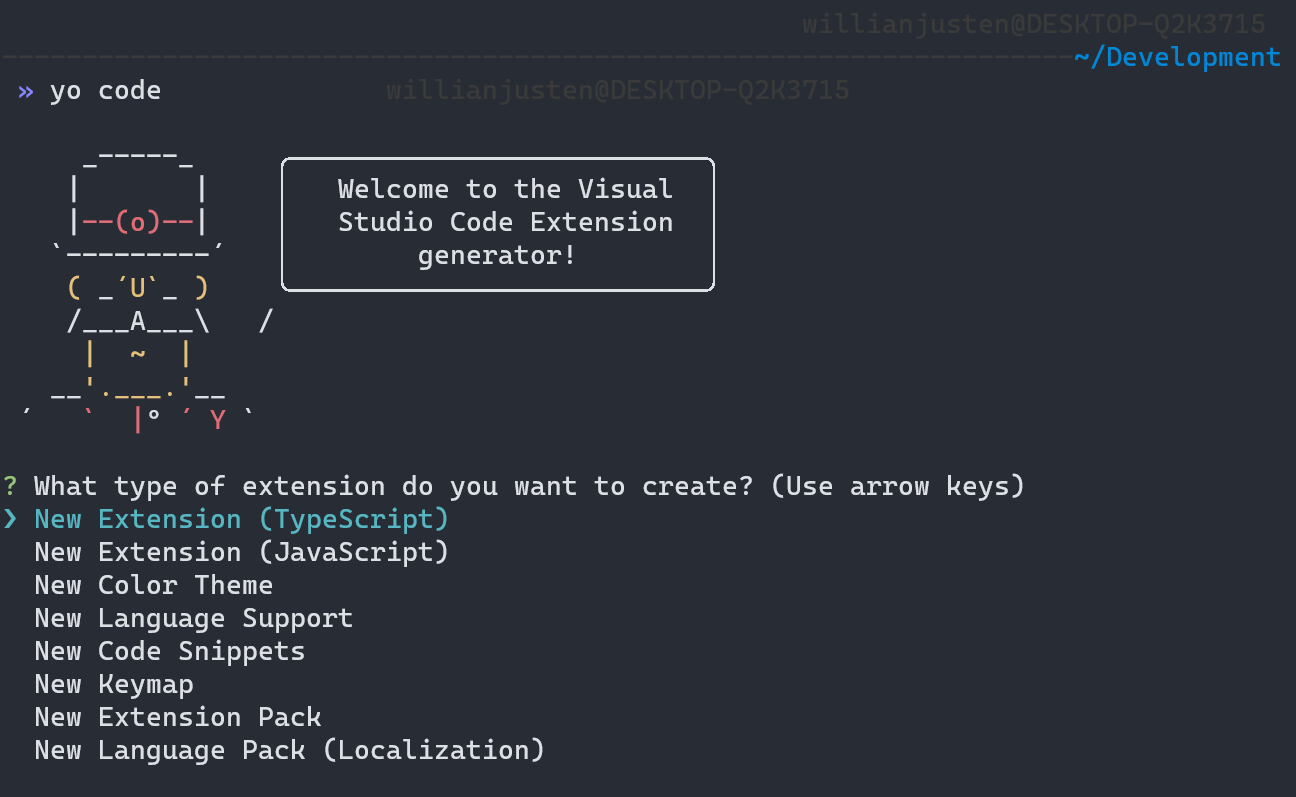 Uma tela dizendo bem vindo ao gerador de extensões do vs code e perguntando qual tipo eu desejo criar.