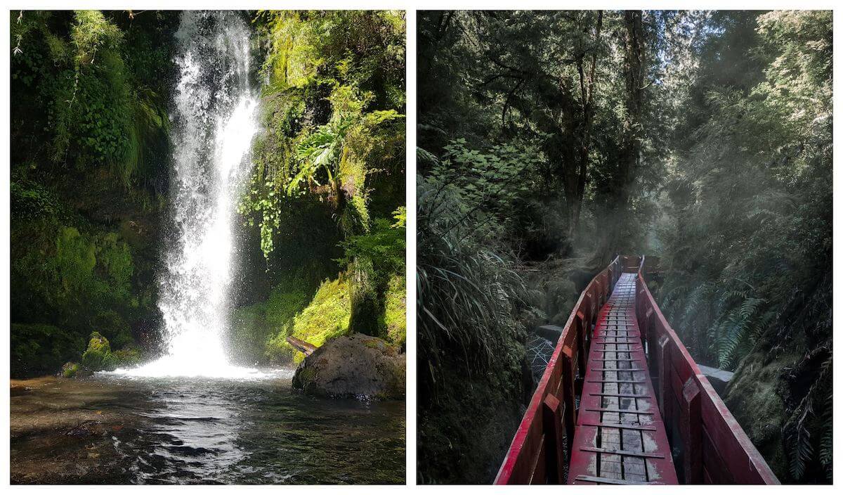 Duas fotos: lado esquerdo: uma cachoeira, lado direito: uma ponte de madeira vermelha com bastante vegetação ao redor.