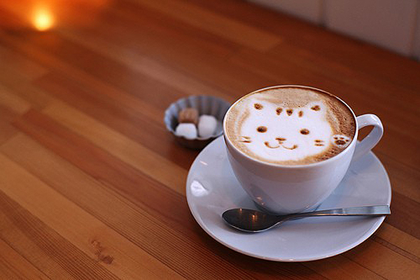 Uma xícara de café com a espuma fazendo um desenho de um gato fofinho