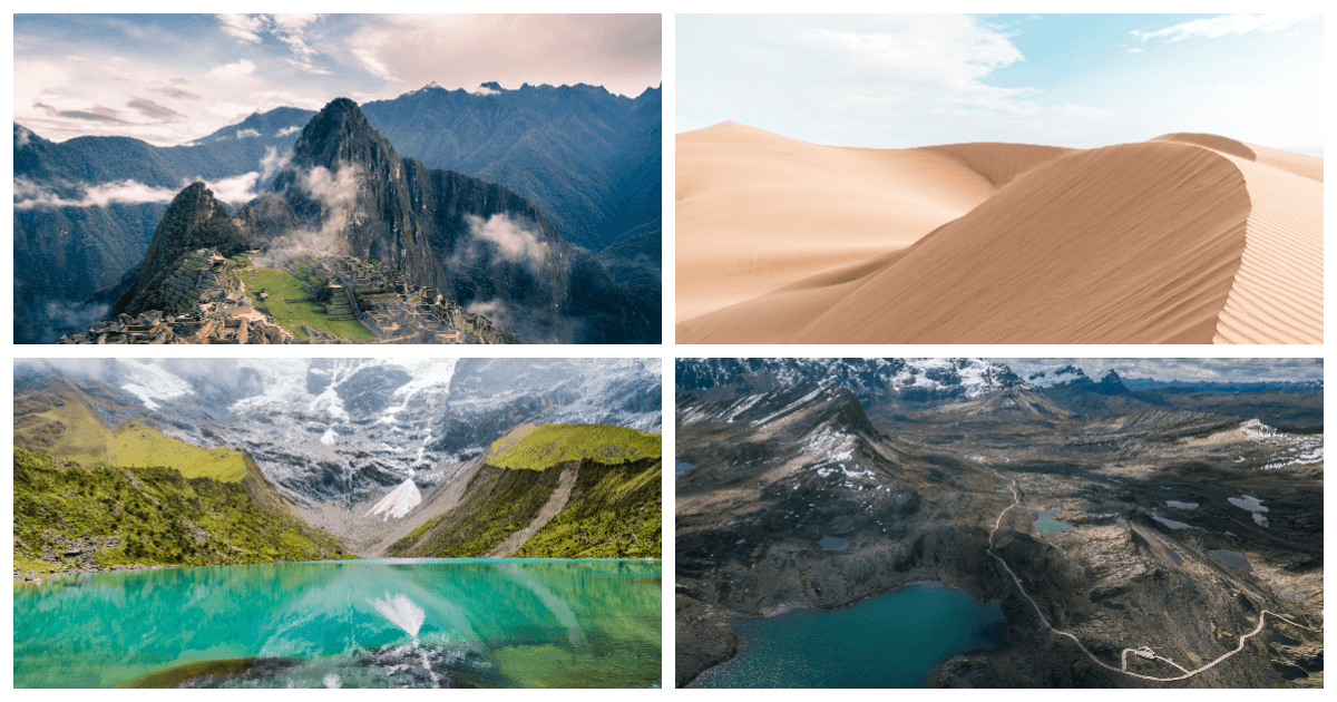 4 fotos do Peru, Superior Esquerda: Machu Picchu, Superior Direita: dunas de um deserto, Inferior Esquerda: um lago bem verde com montanhas atrás, Inferior Direita: uma visão de drone de um grande lago e várias montanhas ao redor