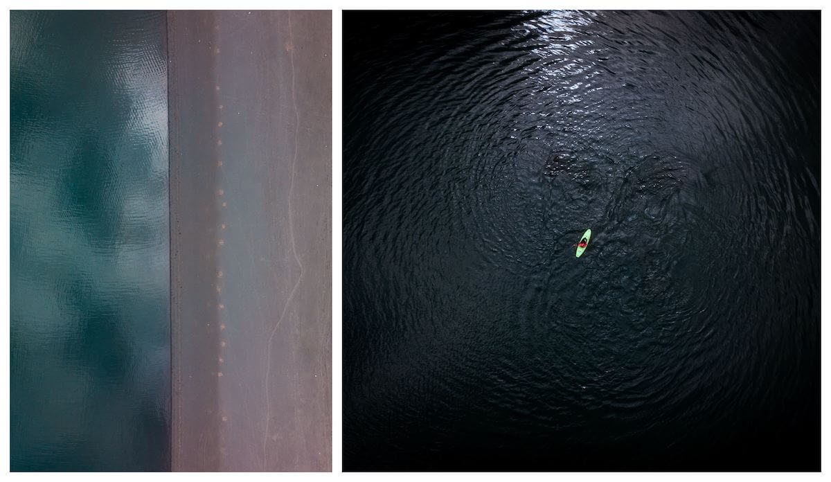 Duas fotos. A esquerda, foto aérea de metade o lago e metade a areia negra. A direita, foto de uma pessoa de kayak no lago, vista por um drone.