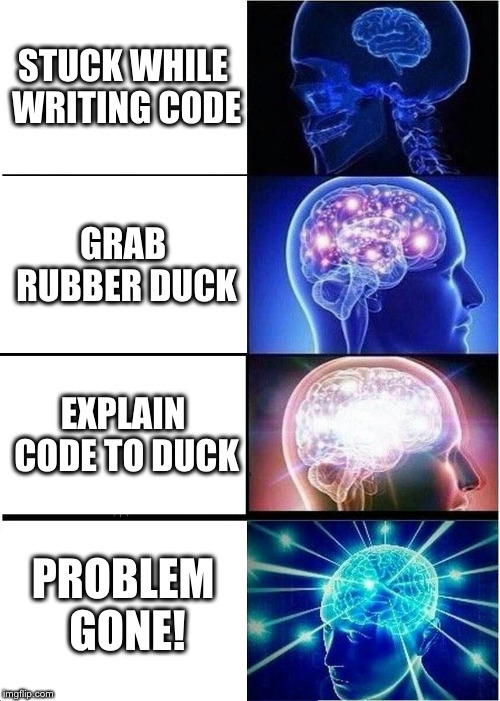 Uma ilustração mostrando o cérebro trabalhando mais e mais: quando você trava num código, aí pega o pato, aí explica o problema e aí o problema é resolvido.