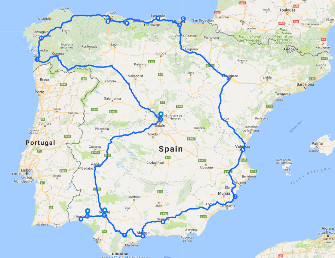 Percurso no mapa da Espanha