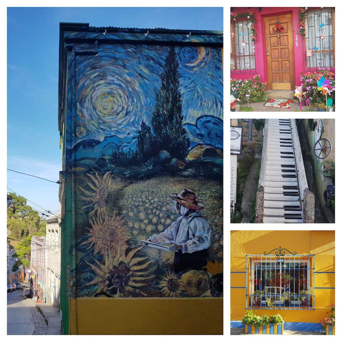 4 Fotos. Destaque na esquerda: um grafite da famosa pintura de girasois de Van Gogh. Superior Direita: uma casa toda colorida e florida. Centro Direita: uma escada com grafite formando teclas de piano. Inferior direita: uma janela azul numa parede amarela.