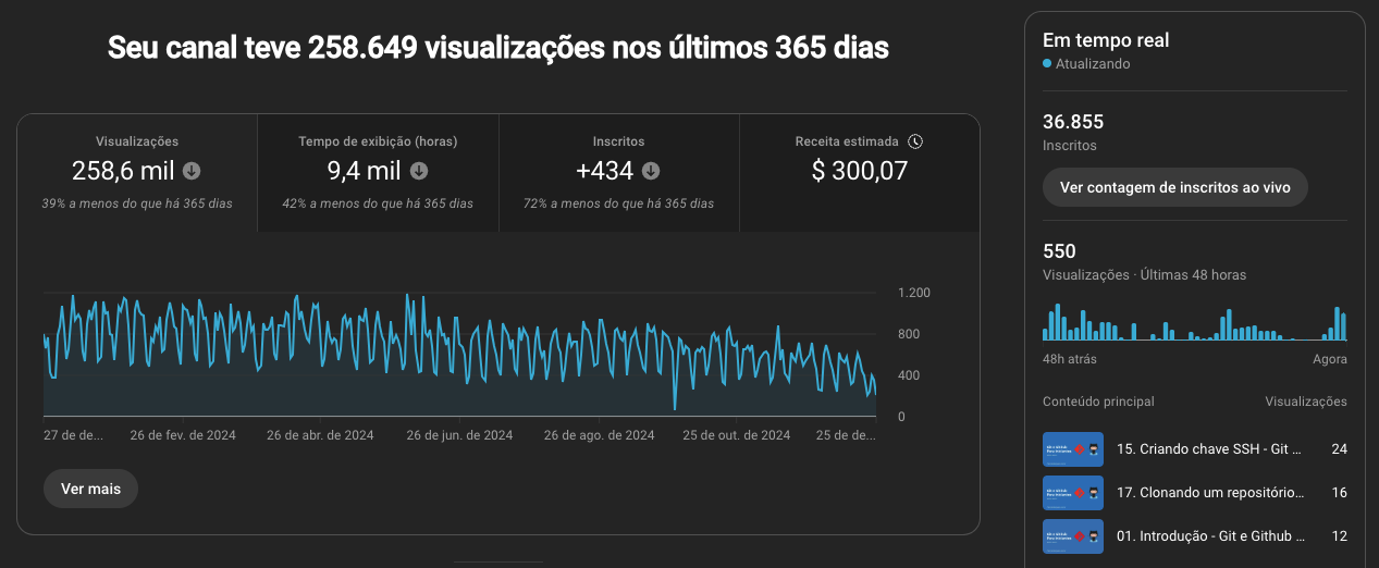 Seu canal teve 258.649 visualizações nos últimos 365 dias